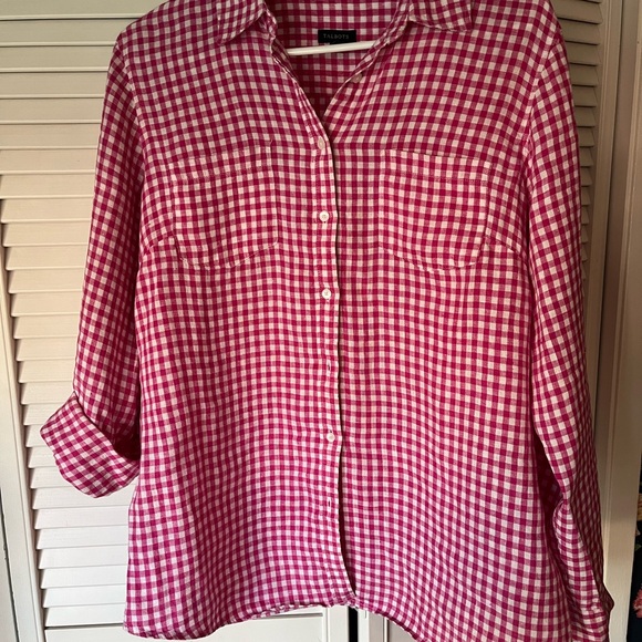 Talbots Tops - A collared linen, pink and white checkered button-down blouse with front pockets